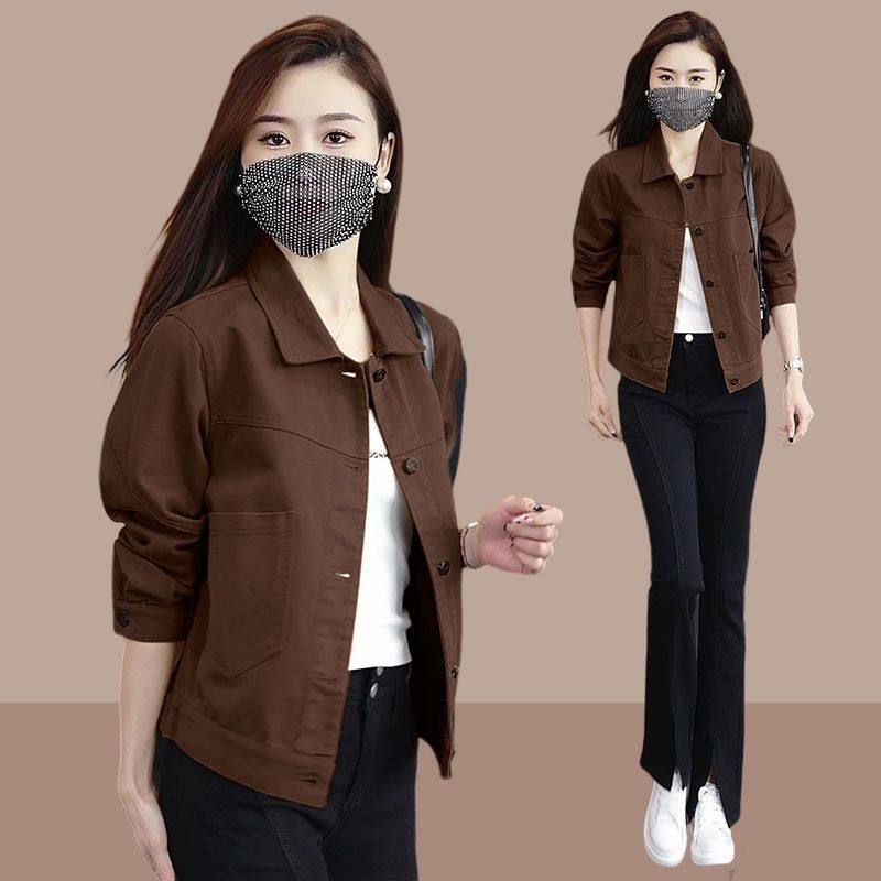 韩系复古洋气显瘦纯色短外套新款2025爆款女秋季翻领牛仔夹克上衣