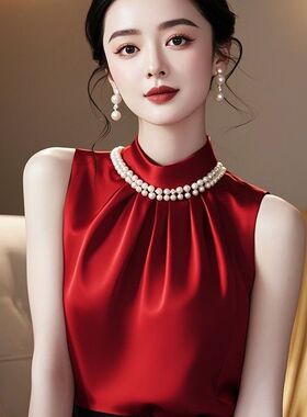 法式小香风白色缎面衬衫女夏季洋气高端欧货时尚独特漂亮无袖上衣