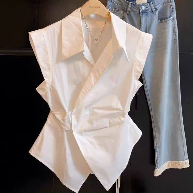 夏季韩版设计感无袖坎肩Polo领斜门襟收腰显瘦纯棉衬衫白色上衣女