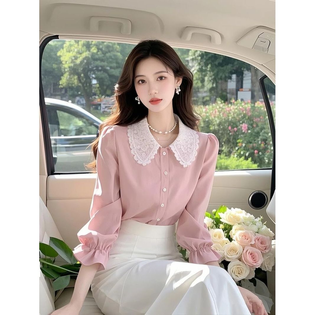粉色蕾丝娃娃领长袖衬衫2025春季