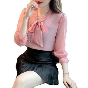 超仙漂亮雪纺衫气质甜美蝴蝶结小衫2024春夏新款女士衬衫时尚上衣