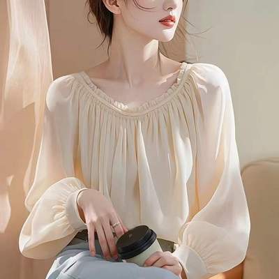 法式长袖雪纺衬衫女独特别致漂亮