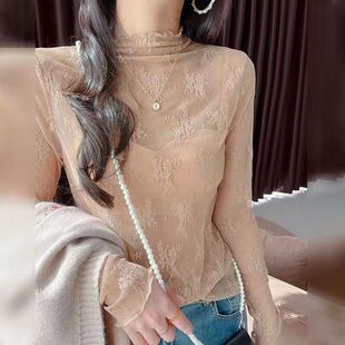 镂空高领网纱仙气上衣蕾丝打底衫 内搭洋气纱衣钩花白色薄纱 女长袖