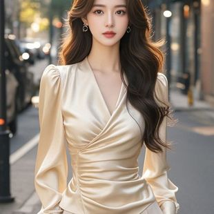 缎面新款 御姐风V领交叉长袖 春季 收腰显瘦短款 洋气轻奢上衣女 衬衫