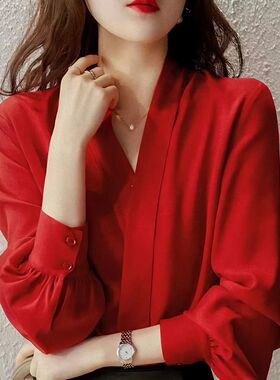 狂飙陈书婷高叶大嫂同款红色雪纺V领衬衫长袖上衣衬衣衣服女春季