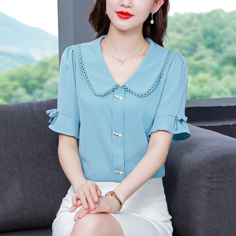 遮肚子雪纺衬衫女装夏季2023年新款娃娃领小衫薄款冰丝小个子上衣图片