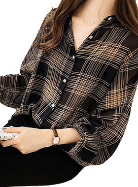 夏季中长款开衫薄款防晒衬衣外套宽松长袖上衣女慵懒风格子衬衫女