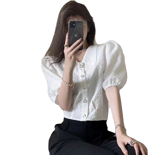 夏季新款甜辣显瘦气质短袖仙仙上衣超仙泡泡袖衬衣服短款雪纺衫女
