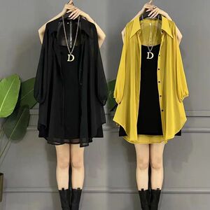 大码女装2025夏季新款减龄开衫时尚防晒衣衬衫吊带连衣裙两件套装