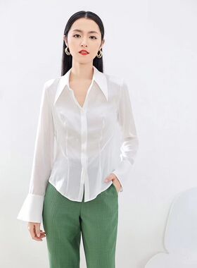 尖领白色衬衫女士早秋款设计感小众高级法式修身显瘦气质缎面上衣