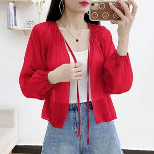超仙防晒衣女薄款小披肩春夏新款系带长袖外套百搭开衫雪纺上衣女