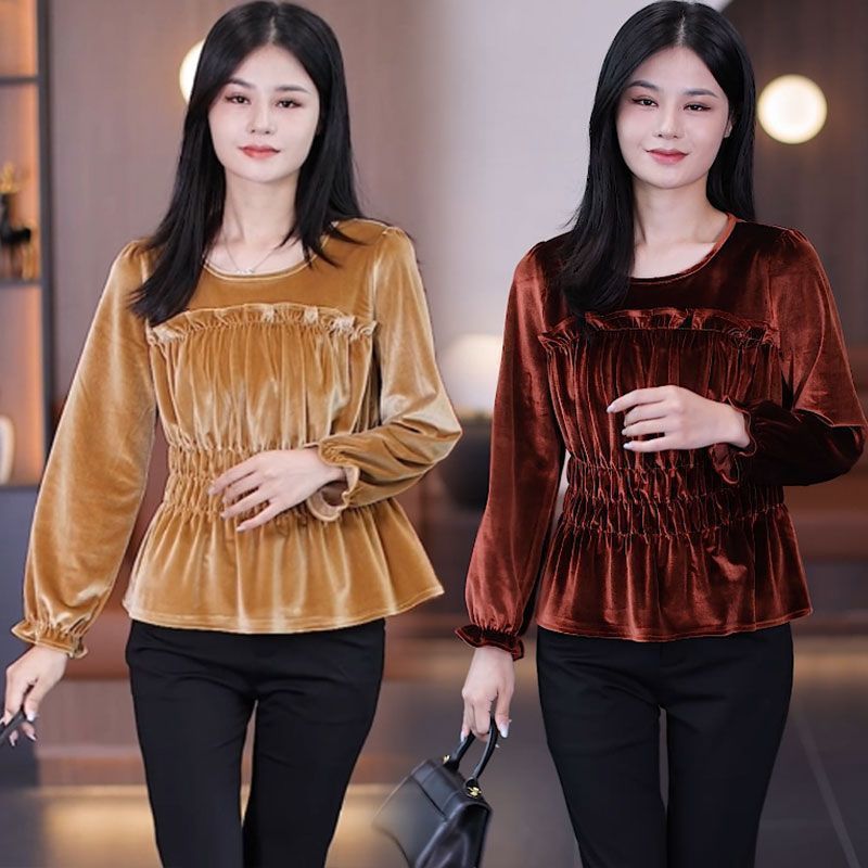 2025早秋新款金丝绒气质时尚褶皱花边上衣洋气百搭收腰名媛风单衣