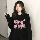 打底美式 hiphop潮牌潮流字母印花纯棉长袖 T恤女宽松秋季 黑色上衣