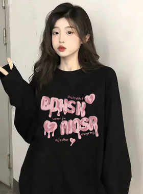 hiphop潮牌潮流字母印花纯棉长袖T恤女宽松秋季打底美式黑色上衣
