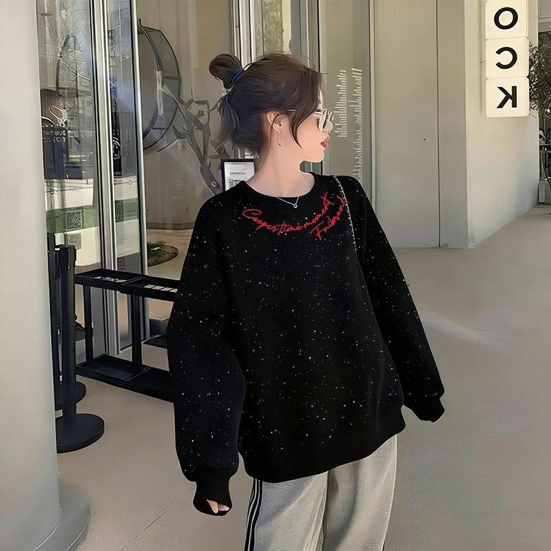 原宿风新款黑色卫衣保暖加绒打底宽松女生高街满天星设计闺蜜上衣