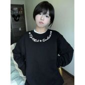 美式 中长款 印花长袖 秋冬季 T恤女款 复古重磅休闲风打底黑色ins上衣