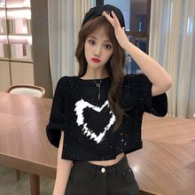 黑色显瘦短袖T恤女生辣妹满天星设计短款珠片百搭小个子穿搭上衣