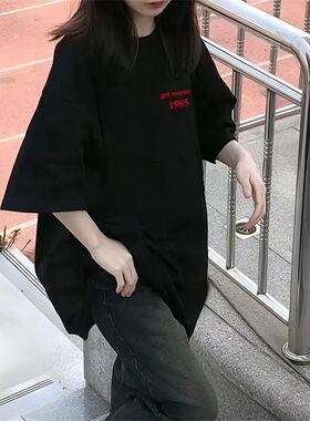 美式黑色短袖T恤女2025夏季新款ins小众韩版宽松学生纯棉半袖上衣