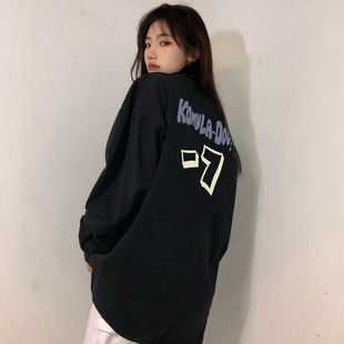 宽松百搭黑色印花上衣ins潮 洋气纯棉长袖 t恤女春秋季 2025新款 韩版