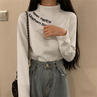 长袖 秋冬季 百搭时尚 白色新款 上衣 印花纯欲小众半高领德绒打底长袖