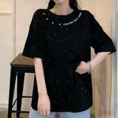 重磅纯棉休闲美式 上衣 宽松显瘦春夏季 满天星亮片短袖 T恤印花女装