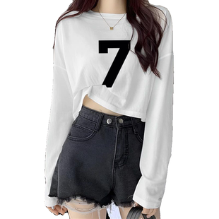秋冬季新款高腰显瘦上衣女纯棉白色宽松长袖T恤短款内搭ins打底衫