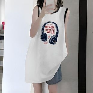 T恤夏季 纯棉薄款 复古无袖 印花拼接撞色个性 背心女士上衣高级 美式