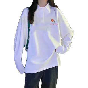 秋冬季新款韩版宽松百搭原宿bf风长袖t恤POLO领女学生打底衫上衣