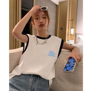 港风拼接黑白无袖 上衣 t恤女宽松ins潮牌韩版 圆领撞色背心打底薄款