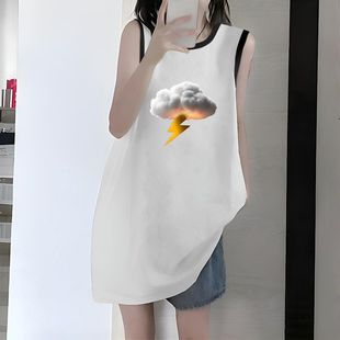 印花ins风 夏季 宽松显瘦简约气质百搭背心无袖 t恤上衣女款 纯棉无袖