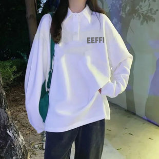 t恤女宽松原宿bf体恤纯棉上衣ins polo衫 翻领秋冬新款 韩版 学生长袖