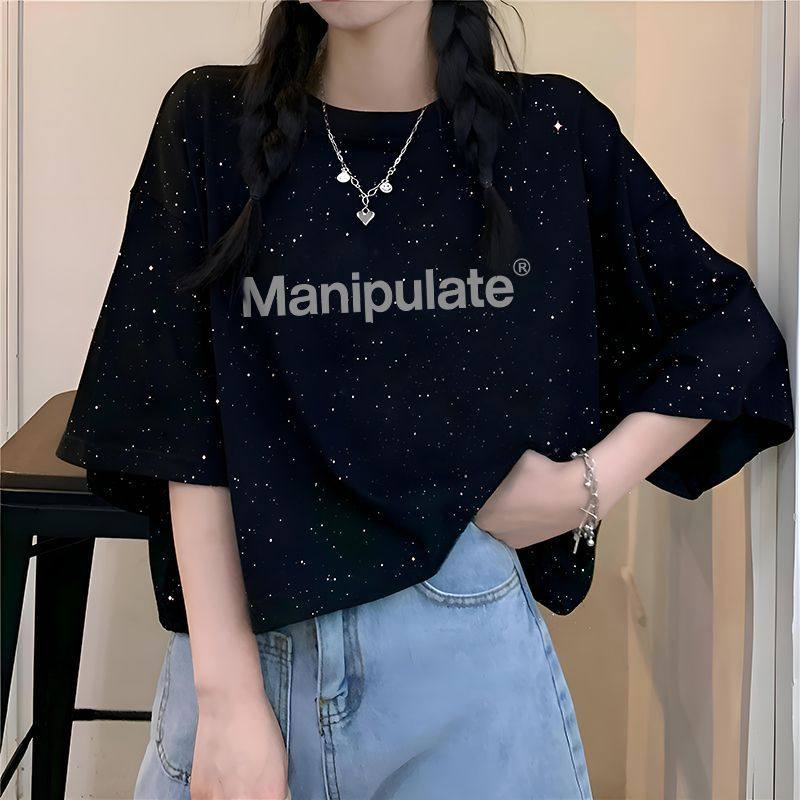 美式黑色满天星短袖T恤女生夏季oversize小众设计感潮牌宽松上衣