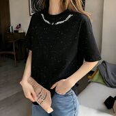 夏季 T恤上衣 遮肉甜美风小众印花宽松显瘦满天星亮片短袖 女款 薄款