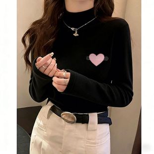 秋冬季半高领德绒打底女款黑色印花显瘦独特风中长款长袖T恤上衣