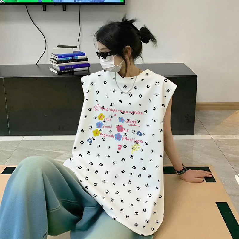 纯棉白色圆领无袖T恤女夏
