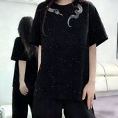 百搭小众女士满天星亮片短袖 韩版 中长款 t恤宽松显瘦印花黑色上衣