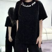 外穿圆领女士甜酷满天星亮片短袖 春夏季 新款 T恤印花黑色甜美上衣