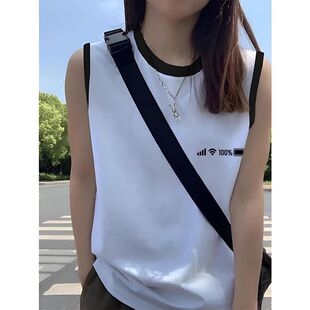 女 夏季 2025新款 圆领百搭无袖 T恤黑白撞色上衣纯棉宽松简约打底衫