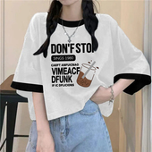夏季 上衣 宽松小众设计感拼接半袖 新款 纯棉印花t恤女纯棉透气短袖