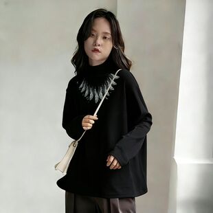 复古港风黑色半高领长袖 T恤简约字母印花双面德绒打底保暖上衣服