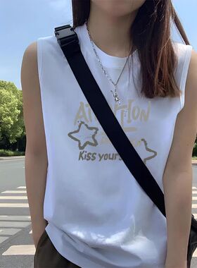 纯棉白色无袖坎肩背心T恤女生2025夏季新款小众宽松潮流百搭上衣