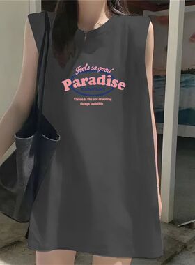 oversize文艺复古纯棉无袖深灰色背心T恤女夏季潮牌宽松港味上衣