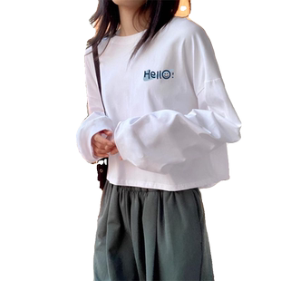 纯棉短款长袖t恤女冬款盐系小众设计感印花内搭打底衫上衣服ins潮