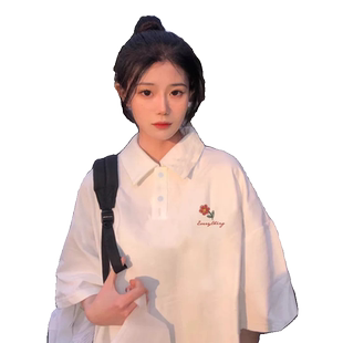 夏季新款polo衫翻领韩版学生长袖t恤女宽松显瘦原宿BF体恤上衣ins