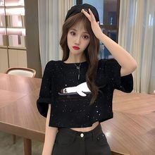 夏季新款2025满天星短款短袖T恤女生ins个性百搭黑色字母印花上衣