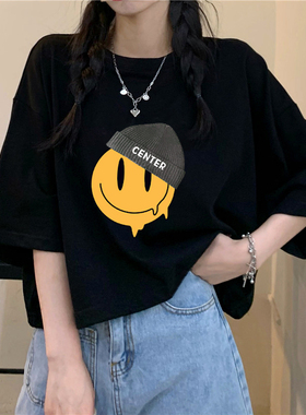 韩版新款纯棉短袖T恤女黑色慵懒风小个子中袖宽松大码短款上衣服