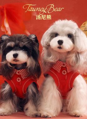 汤尼熊狗狗衣服雪纳瑞泰迪比熊红色喜庆马年新年款刺绣无袖卫衣