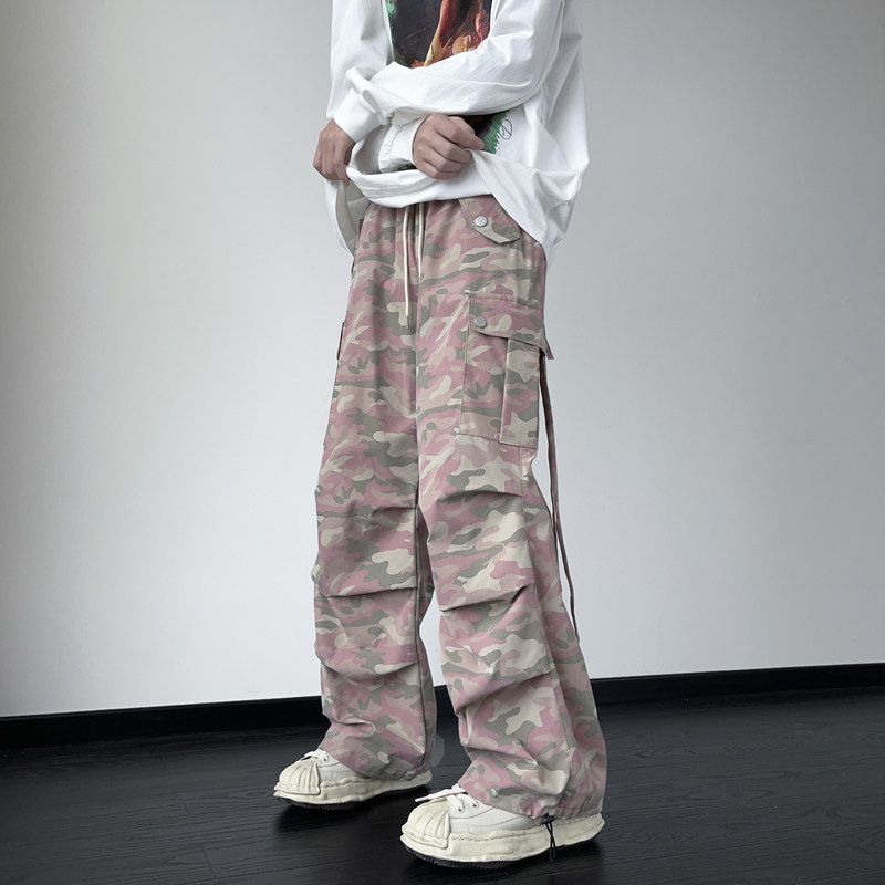 粉色欧美高街hiphop裤子男美式复古迷彩工装裤潮牌阔腿宽松直筒裤,男装工装外套,电商B205