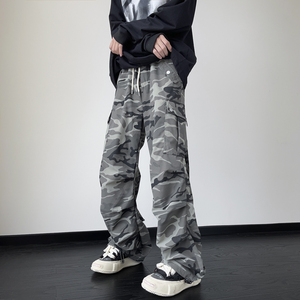 粉色欧美高街hiphop裤子男美式复古迷彩工装裤潮牌阔腿宽松直筒裤