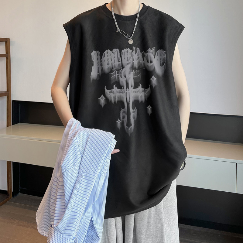 十字架麂皮绒背心男款潮流夏季美式复古重磅健身宽肩坎肩无袖t恤图片